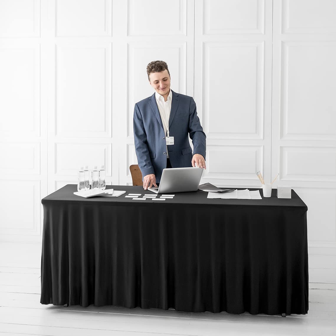 Your Magic Moment Black Tablecloth 4 PC Set 6 FT Rectangle Table Cover Set for 6 Foot Tables Black Table Cover Spandex Table Covers Table Skirts for Rectangle Table 6ft Party Anniversary Catering