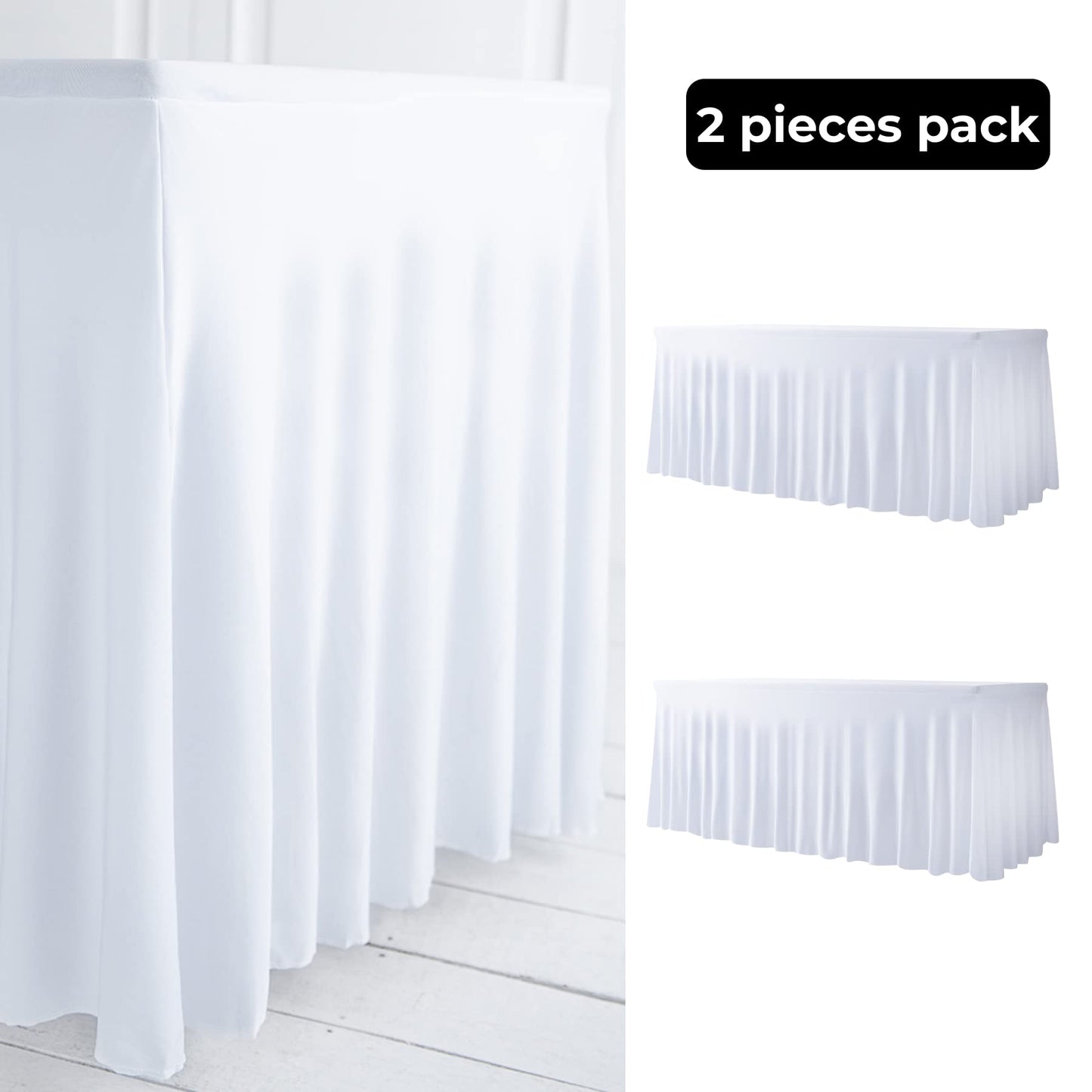 Your Magic Moment Spandex Table Skirts 2 PC Set White for Rectangle Tables 6ft 2 Fitted Table Covers for 6 Foot Tables Elastic Tablecloth for Birthday Party, Events, Banquette Baby Shower