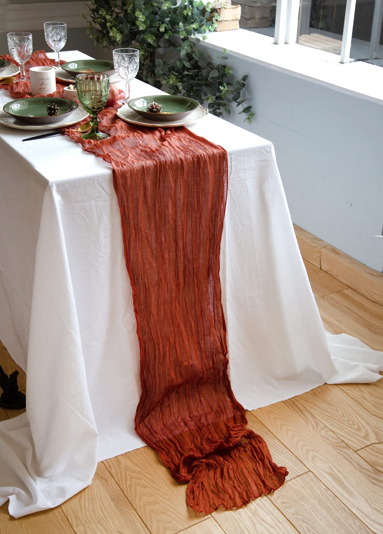 Terracotta Gauze Table Runner Set of 2 Bulk Cheesecloth Runner for Christmas Table Decor Rustic Table Runner 142 in for Boho Wedding Table Decoration Long Cheese Cloth Runner for Romantic Dinner