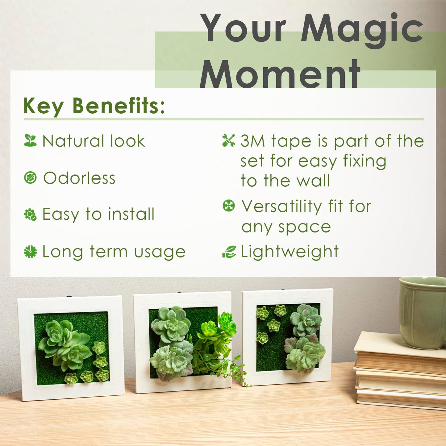 Your Magic Moment Succulent Frame Set 3 pc Succulent Wall Hanging, Succulent Art Wall Decor, Wall Succulents Artificial Wall Hanging Artificial Succulent Plants for Wall