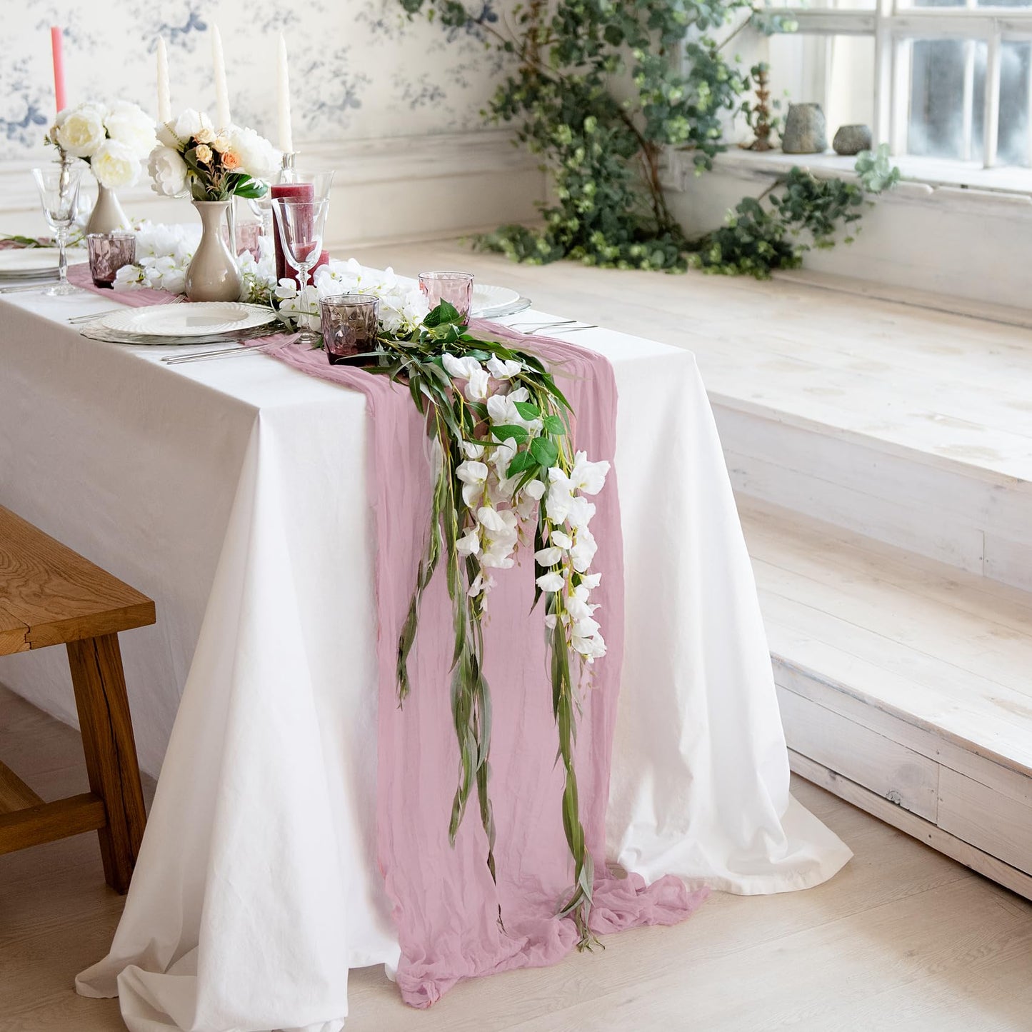 Light Pink Cheesecloth Table Runner Set of 2, 12 ft Cotton Gauze Runner Rustic Table Decorations, Cheese Cloth Fabric Bulk for Party Decor, Bohemian Table Runner Extra Long Boho Cheese Cloth (142 in)