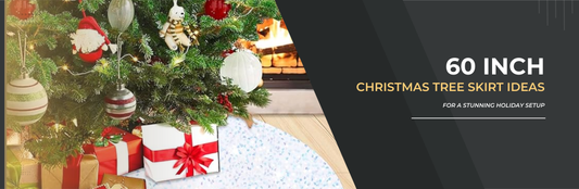 Decorated Christmas tree with gifts and a 60 inch Christmas tree skirt in a cozy holiday living room setup.