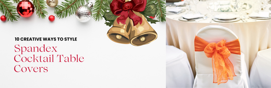 Festive event setup featuring spandex cocktail table covers with Christmas décor and a chair decorated with an orange sash.