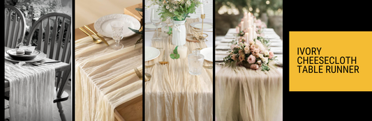 Ivory cheesecloth table runner styled on a wedding table with soft draping, candles, and floral décor for elegant event tablescapes