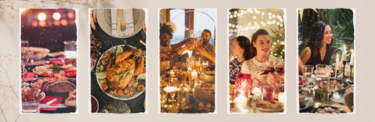 Festive Christmas party food ideas featuring appetizers, snacks, and finger foods served on an elegant holiday table with friends celebrating