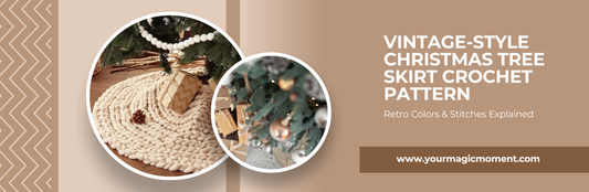 Vintage-style cream crochet tree skirt under a decorated Christmas tree with gifts, showcasing a handmade christmas tree skirt crochet pattern in a cozy holiday setting.