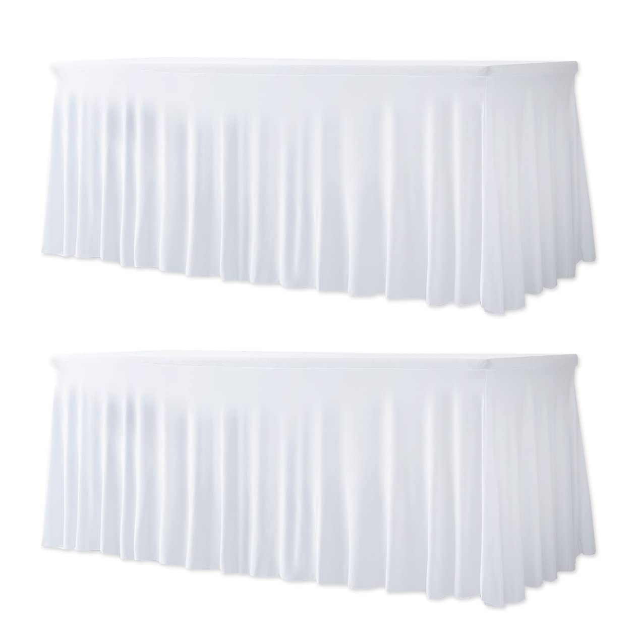 Your Magic Moment Spandex Table Skirts 2 PC Set White for Rectangle Tables 6ft 2 Fitted Table Covers for 6 Foot Tables Elastic Tablecloth for Birthday Party, Events, Banquette Baby Shower