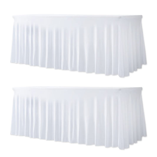 Your Magic Moment Spandex Table Skirts 2 PC Set White for Rectangle Tables 6ft 2 Fitted Table Covers for 6 Foot Tables Elastic Tablecloth for Birthday Party, Events, Banquette Baby Shower