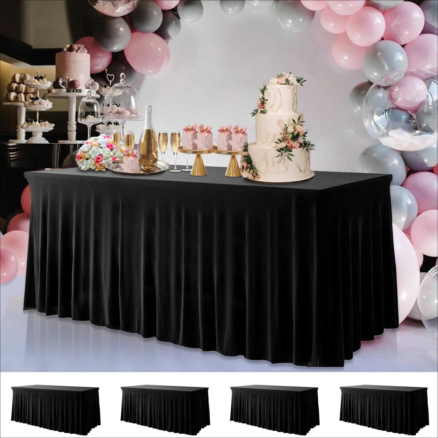 Your Magic Moment Black Tablecloth 4 PC Set 6 FT Rectangle Table Cover Set for 6 Foot Tables Black Table Cover Spandex Table Covers Table Skirts for Rectangle Table 6ft Party Anniversary Catering