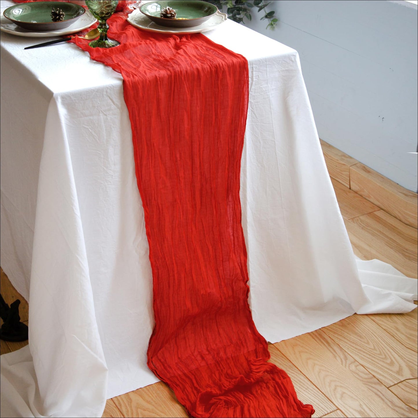 Red Table Runner Cheesecloth 142'' Rustic Gauze Runner Wedding Runner, Christmas Cheese Cloth Tablecloth, Gauze Cheesecloth Runner, Wedding Shower Decorations Rustic Theme Tablecloth…