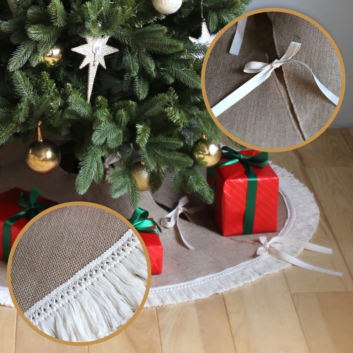 Your Magic Moment Christmas Tree Skirt 48', Burlap Christmas Tree Decorations, Christmas Tree Collar Boho Christmas Decor, Brown Christmas Ornaments (Large)