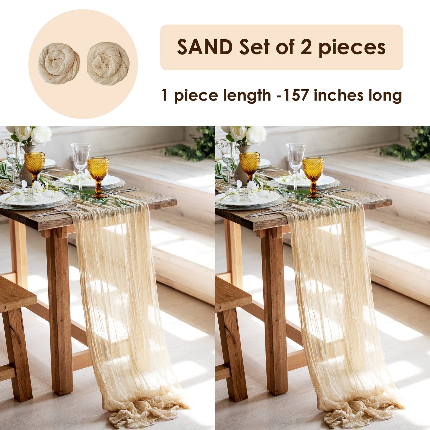 Gauze Table Runner Set of 2 12 ft 142 inches Long Each Cheesecloth Table Runner Party Table Runner for Bohemian Wedding Table Runner Baby Shower Decorations tan Cheese Cloth Gauze Fabric